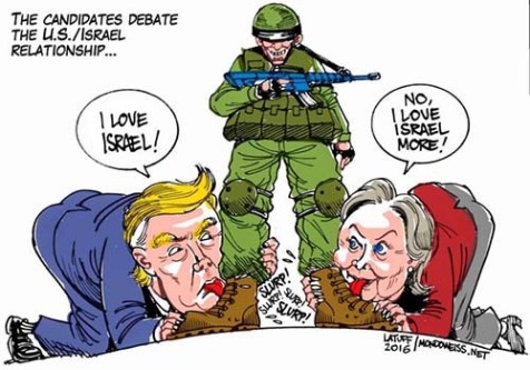 Screen shot of U.S. presidential candidates Donald Trump & Hillary Clinton  licking Israel's boots